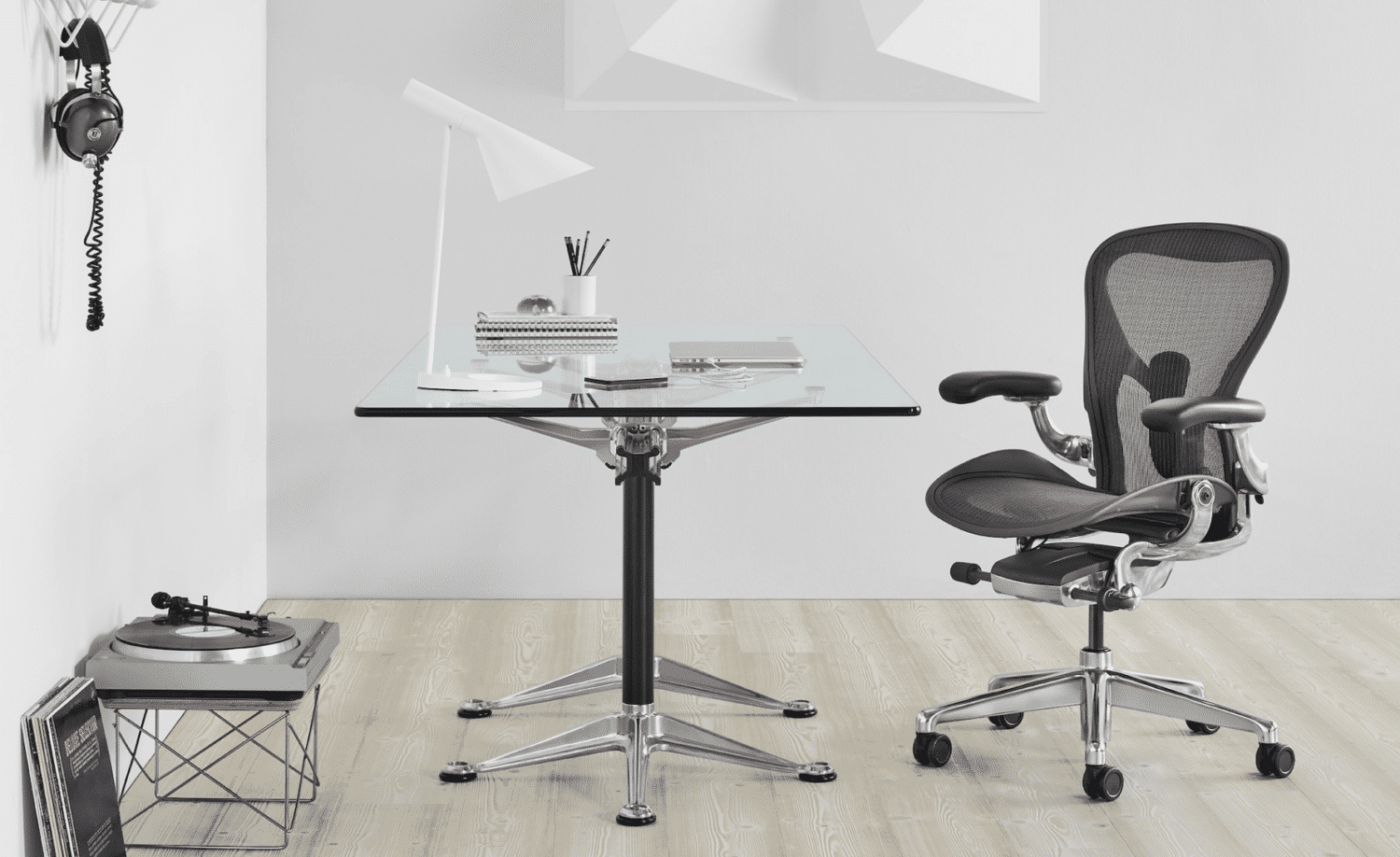 Herman Miller Aeron Chair polished shown at a desk