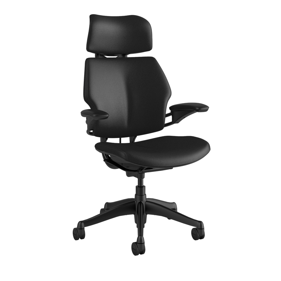 Humanscale Graphite Freedom Chair, Ticino Obsidian Black Leather, Noir Box Stitching